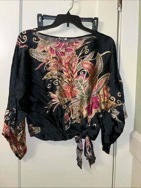 Vintage Cache Black Silk Blend Floral Burnout Side Tie Blouse